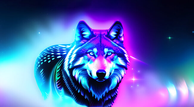 portrait of a wolf in the style of neon colors. generative ai