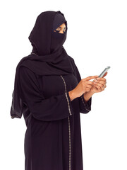 Phone, social media and Arab woman isolated on transparent, png background for networking or...