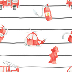 Seamless pattern with fire trucks, helicopters, fire extinguishers, hydrants on striped background. Watercolor illustration. Emergency. Kids texture for fabric, wrapping, textile, wallpaper, apparel.