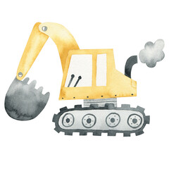 Watercolor hand-drawn children's illustration, poster, print with cute yellow excavator truck. Clipart for kids. Building equipment. Funny construction transport. Car. Isolated on a white background.