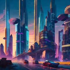 futuristic city with flying cars 