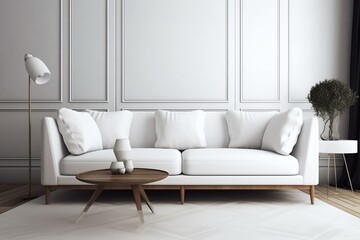 Minimalist Scandinavian style contemporary white sofa, white living room with soft lighting. Generative Ai