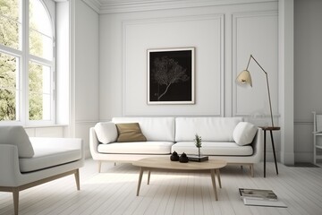 Naklejka na ściany i meble Minimalist Scandinavian style contemporary white sofa, white living room with soft lighting. Generative Ai