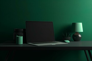 Computer mockup green background on table. Laptop with Black screen..3d rendering. Generative AI
