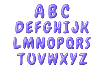 Set of purple 3D letters icons. Cute metallic cartoon font with shiny bright highlights. 3d realistic vector design element.