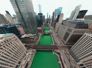 the river in chicago is green, while other buildings look over it