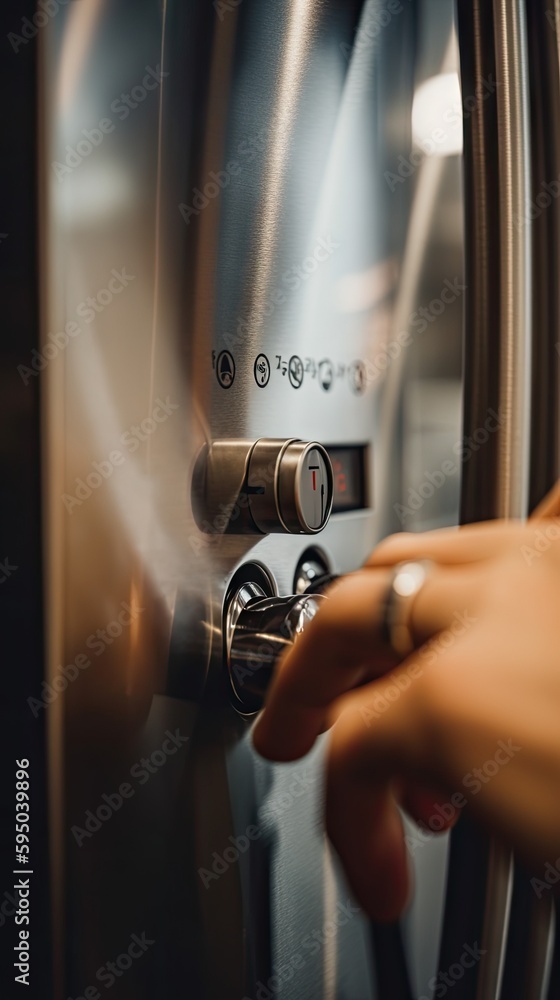 Poster a close up of a person pressing a button on a refrigerator. ai generative image.