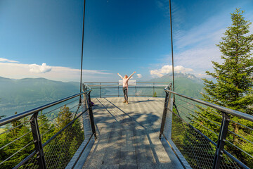 Woman on Aussichtsplattform Cardada platform on top of Cardada-Cimetta mount in Switzerland....