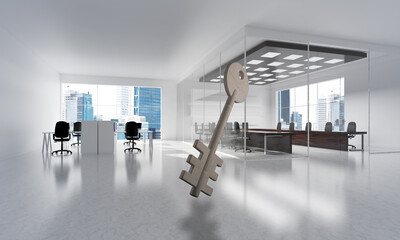 Conceptual background image of concrete key sign in modern office interior