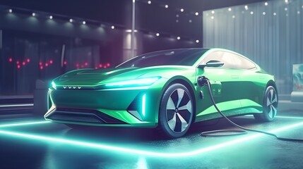 Fototapeta na wymiar Green energy electric car charging. Ai generative