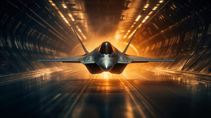fighter jet takes off from a secret location. Ai generative - obrazy, fototapety, plakaty