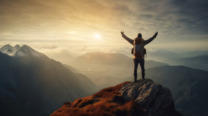 Summit Success: Backpacker's Thrilling Mountain Conquest. Ai generative