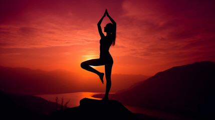 Mountain Serenity: Yoga Silhouette Amidst Sunrise Splendor. Ai generative