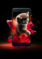 The mischief of a very cute kitten meets modern technology and a lively burst of energy. AI generated illustration.