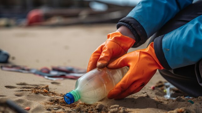 Volunterr in gloves collect plastic bottle on the beach. Ai generative
