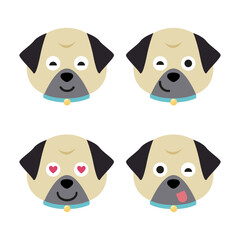 Vector set of pug head in different emotions, pug head icon isolated on white background