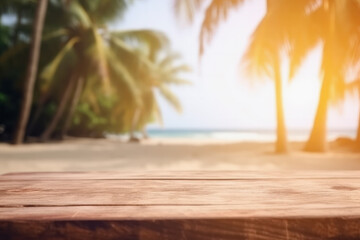Empty Wooden table in tropical beach at summer time blurred background. Generative AI.