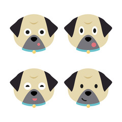 Vector set of pug head in different emotions, pug head icon isolated on white background