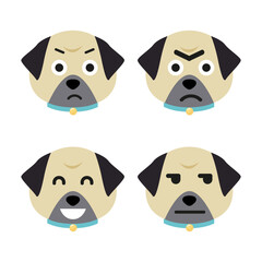 Fototapeta premium Vector set of pug head in different emotions, pug head icon isolated on white background