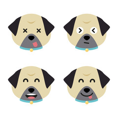 Vector set of pug head in different emotions, pug head icon isolated on white background
