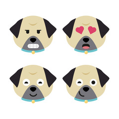 Vector set of pug head in different emotions, pug head icon isolated on white background