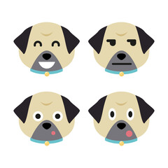Vector set of pug head in different emotions, pug head icon isolated on white background