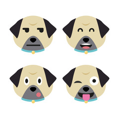 Vector set of pug head in different emotions, pug head icon isolated on white background