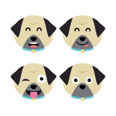 Vector set of pug head in different emotions, pug head icon isolated on white background