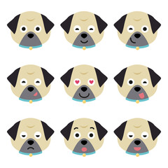 Vector set of pug head in different emotions, pug head icon isolated on white background