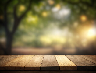 Wooden empty top table with blur nature view. Tabletop with bokeh effect of summer tree on background. Generative AI