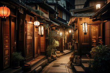 A Kyoto Street with Traditional Wooden Houses and Lanterns by Night - generative AI