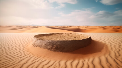 hot sunny desert with podium for product presentation and advertising, gerenative AI