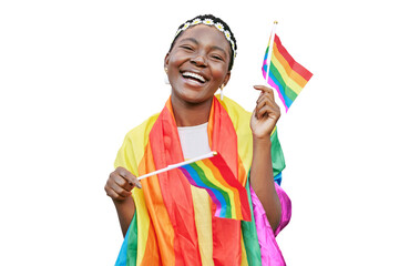 LGBT, pride and portrait of black woman with rainbow flag in support of LGBTQ community. Equality,...