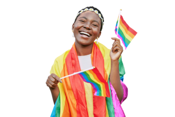 LGBT, pride and portrait of black woman with rainbow flag in support of LGBTQ community. Equality, bisexual and gay or lesbian girl with flags for celebration isolated on transparent png background