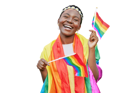 LGBT, pride and portrait of black woman with rainbow flag in support of LGBTQ community. Equality, bisexual and gay or lesbian girl with flags for celebration isolated on transparent png background