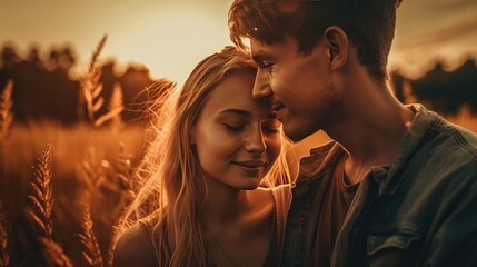 A beautiful couple In love and hugging during the golden hour sunset, Generative AI