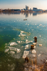 Winter landscape on a sunny day with a frozen pond near Mammingerschwaigen, Dingolfing-Landau, Bavaria, Germany