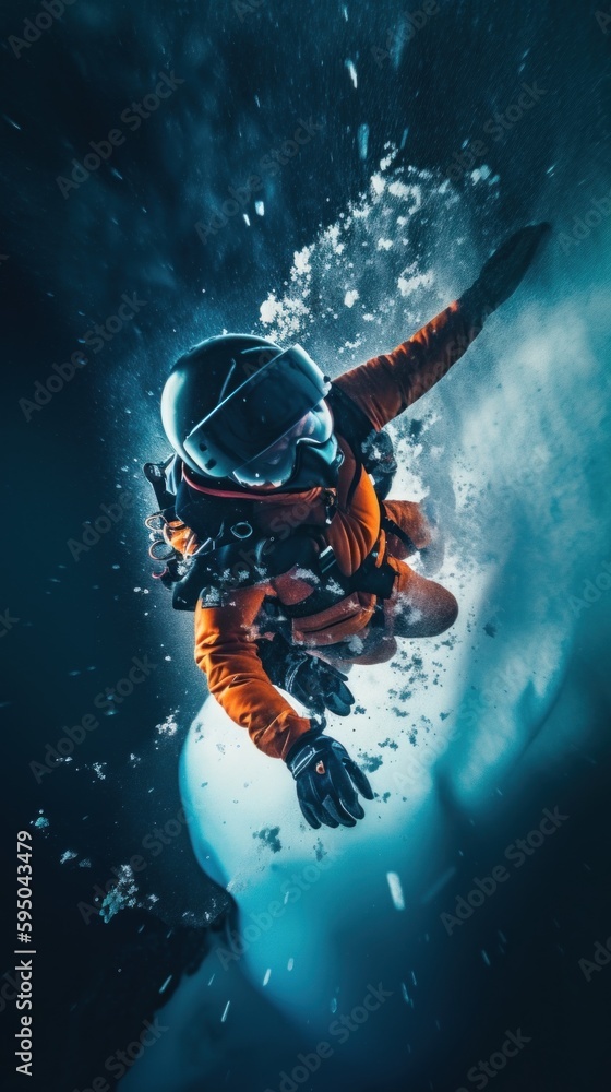Poster a person in a spacesuit diving in the water. ai generative image.