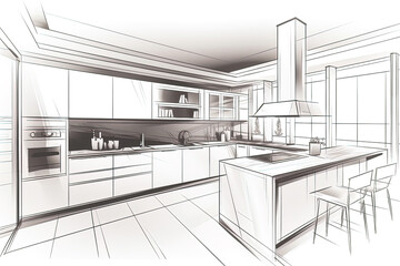 Pencil drawing of the interior of a kitchen. Modern kitchen floor plans with furniture floor plans. Generative AI