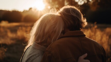 People in love hugging during the golden hour sunset, Generative AI