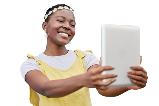 Tablet, selfie and profile picture with a woman isolated on a transparent background for a status update. PNG, technology and photograph with a happy young african person browsing online social media