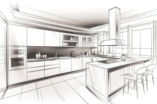 Pencil drawing of the interior of a kitchen. Modern kitchen floor plans with furniture floor plans. Generative AI