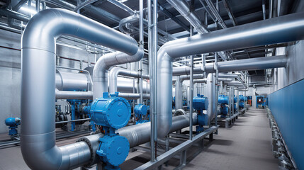 Large industrial boiler room and water treatment facility, blue pumps, shiny stainless metal pipes, and valves. Generative AI - obrazy, fototapety, plakaty