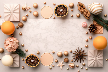 Fototapeta na wymiar Lay flat photography background of beautiful, decorative, Christmas themed items, decorations, spices, orange, cinnamon. Perfect for recipe or food products.