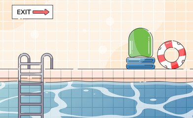 Public swimming pool inside with blue water. Flat cartoon vector illustration.