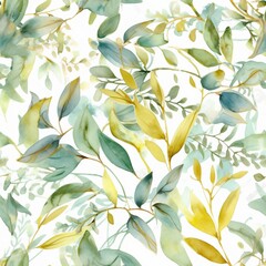 An portrayed out watercolor energetic border highlighting green and gold takes off and branches, idealize for wedding stationary. Seamless pattern, AI Generated