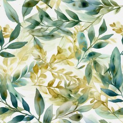 Fototapeta na wymiar An portrayed out watercolor energized border highlighting green and gold takes off and branches, idealize for wedding stationary. Seamless pattern, AI Generated