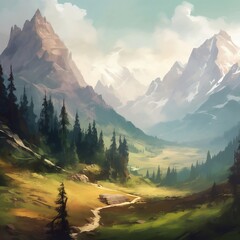 Landscape Drawing Mountains River