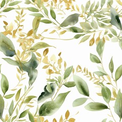 An depicted out watercolor energized border highlighting green and gold takes off and branches, idealize for wedding stationary. Seamless pattern, AI Generated