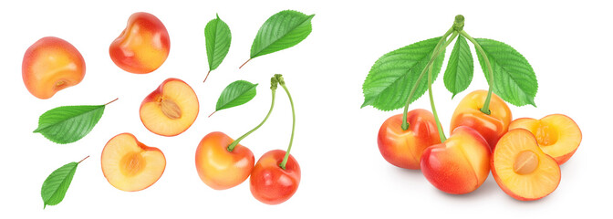 yellow-red sweet cherry isolated on white background . Top view. Flat lay